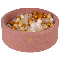 Piscina uscata cu 250 de bile 7cm (Auriu, Bej, Alb, Transparent) MeowBaby, tesatura bucle, 90x30 cm, Teddy Roz