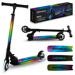 Trotineta cu 2 roti pentru copii, 3 in 1, pliabila, reglabila, cu iluminare LED incorporata, Mido Black, 5 ani+, pana la 100 kg, Kidwell