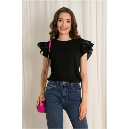 Tricou Mara negru cu dantela si strasuri la maneci