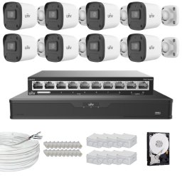 Sistem supraveghere profesional Uniview, 8 camere, 4MP 2K, IR 30m, Microfon, NVR 16 canale, Accesorii montaj incluse, HDD 2TB, Switch PoE