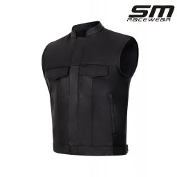 Vesta moto SM Racewear Concho Classic - piele naturala groasa, fermoare si capse metalice, croiala cu guler ridicat