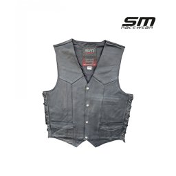 Vesta moto din piele naturala SM Racewear Snur - Barbati - Clasica - Prindere cu capse si reglaje laterale cu snur - Negru