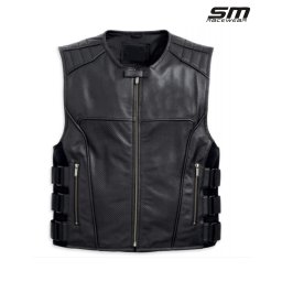 Vesta moto din piele naturala perforata SM Racewear Venti - Barbati - Urban - Reglaje Velcro si fermoare metalice - Negru