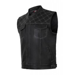Vesta moto SM Racewear SOA White Threads - piele bovina groasa, fermoare metalice, croiala cu guler ridicat si detalii cusaturi contrastante