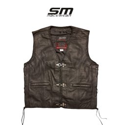 Vesta moto SM Racewear Sinister - piele bovina groasa, croiala in V, margini impletite si inchidere cu carabine metalice
