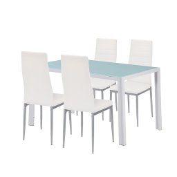 Set dining Leziter Mabel 4+1, masa cu sticla securizata, alb-gri