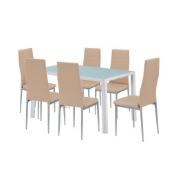 Set de dining Leziter Mabel 6+1, masa cu sticla securizata si 6 scaune bej-gri
