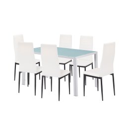 Set dining Leziter Mabel 6+1, masa cu sticla securizata si 6 scaune alb-negru