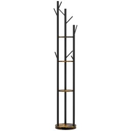 Cuier rotativ 8 carlige 4 rafturi, diametru 30 cm, inaltime 175 cm, PAL/otel, design industrial, maro rustic/negru - Verificat A · Re-Bloom