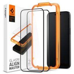 Folie de protectie Ecran Spigen GlastR Align Master pentru Apple iPhone 15 Plus, Sticla Securizata, Full Glue, Set 2 bucati, Neagra AGL06886