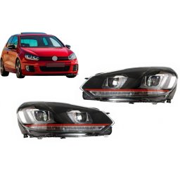 Faruri LED pentru VW Golf 6 VI 2008-2012, design GTI cu banda rosie