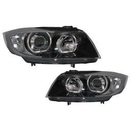 Faruri Angel Eyes negre pentru BMW Seria 3 E90 E91 Sedan Touring 2005-2011