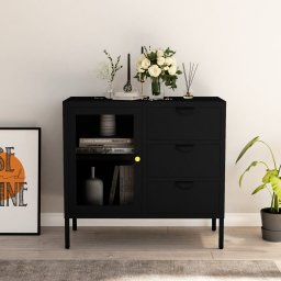 Servanta, negru, 75x35x70 cm, otel si sticla securizata GartenMobel Dekor