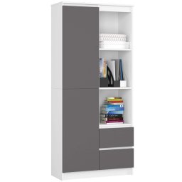 Dulap biblioteca cu 7 rafturi, 2 sertare si usa, alb gri, 80x35x180 cm