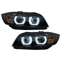 Faruri xenon cu Angel Eyes 3D LED pentru BMW Seria 3 E90 E91 LHD, negre