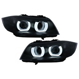 Faruri Xenon cu 3D Angel Eyes LED pentru BMW Seria 3 E90 E91 2008-2011, Negre