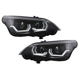 Faruri LED Angel Eyes 3D BMW Seria 5 E60 E61 2003-2007, negre