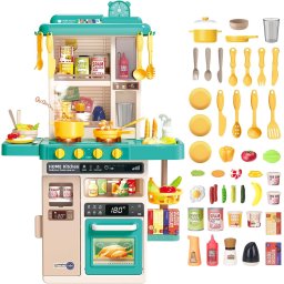 Jucarie Bucatarie copii, Rovo 277, aragaz de jucarie, chiuveta cu circuit de apa, aragaz aburi, sunete, lumini, frigider, cuptor, multiple accesorii, 50 de piese