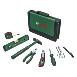 Set 25 scule de mana Bosch Universal 1600A02BY6, cleste patent, surubelnita universala, ciocan din fibra de sticla 300 g, cutter, ruleta, nivela cu bula de aer de 25 cm, geanta