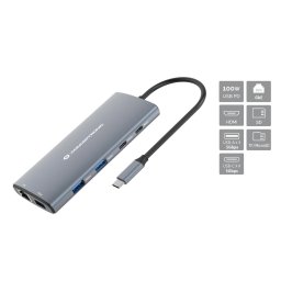 Statie de andocare Conceptronic DONN06G, USB-C 3.2 Gen 1, Power Delivery 100W, HDMI 4K, Gigabit Ethernet, Cititor carduri