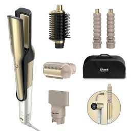 Multistyler 6-in-1 Shark Glam Ceramic HD6051SEU, Placa Silki cu aer cald, Perie Glossi pentru Volum, Uscator de Par, 6 Moduri de Coafare pentru Par Umed-Uscat, 1500 W, Auriu-Alb