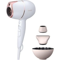 Uscator de par Philips Prestige BHD628/00, senzor SenseIQ, 2 setari viteza, 3 moduri presetate de uscare, ingrijire cu ioni, design compact, difuzor de volum, cap de coafare 11 mm, cap de uscare, 1800 W, Roz-Alb