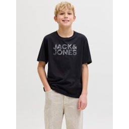 Jack & Jones Tricou cu decolteu la baza gatului, baieti, imprimeu cu logo, Regular fit, Negru (SELECTATI MARIMEA: 128 cm)