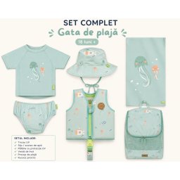 Set plaja copii 6 piese jellyfish saro baby (18 luni+): tricou uv, scutec inot, palarie, vesta, prosop 80x140 cm, rucsac impermeabil
