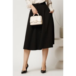 Fusta DY Fashion midi neagra cu nasturi si curea in talie