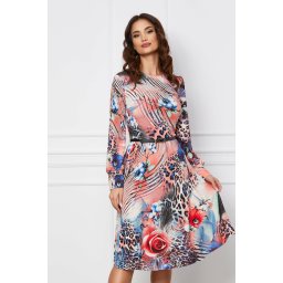 Rochie Dy Fashion roz somon cu imprimeu albastru si decupaj pe maneci