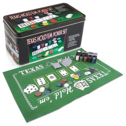 Set Poker Texas Holdem 200 jetoane, 2 pachete carti, covoras, cutie metal
