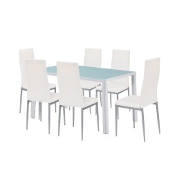 Set de dining Leziter Mabel 6+1, masa cu sticla securizata, alb-gri
