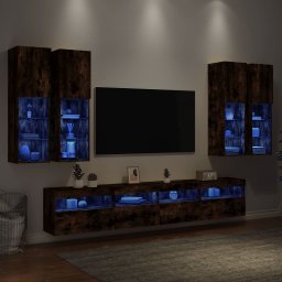 Comode TV de perete cu lumini LED, 7 piese, stejar fumuriu GartenMobel Dekor