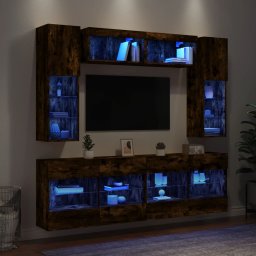 Comode TV de perete cu lumini LED, 6 piese, stejar fumuriu GartenMobel Dekor