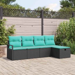 Set de canapea cu perna Manual 5 pcs Negru si Turcoaz poliratan GartenMobel Dekor