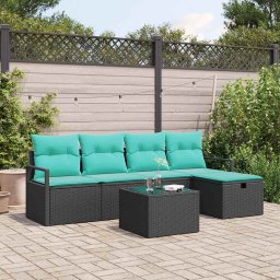 Set de canapea cu perna Manual 6 pcs Negru si Turcoaz poliratan GartenMobel Dekor