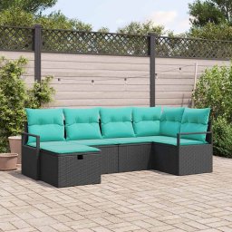 Set de canapea cu perna Manual 6 pcs Negru si Turcoaz poliratan GartenMobel Dekor