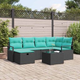 Set de canapea cu perna Manual 7 pcs Negru si Turcoaz poliratan GartenMobel Dekor