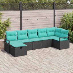 Set de canapea cu perna Manual 7 pcs Negru si Turcoaz poliratan GartenMobel Dekor