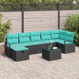 Set de canapea cu perna Manual 8 pcs Negru si Turcoaz poliratan GartenMobel Dekor