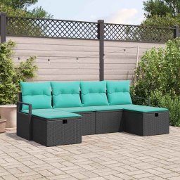 Set de canapea cu perna Manual 6 pcs Negru si Turcoaz poliratan GartenMobel Dekor