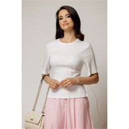 Tricou casual alb din bumbac cu maneci scurte si pense de cambraj