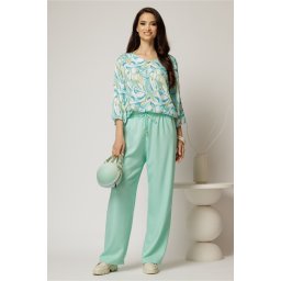 Compleu din viscoza cu pantaloni si bluza cu print menta