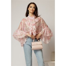 Camasa roz cu imprimeuri florale si volanase la maneci si bust