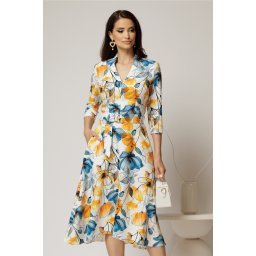 Rochie midi de zi ivoar cu imprimeuri galbene si albastre cu buzunare
