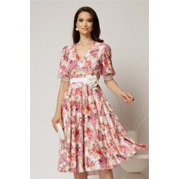 Rochie DY Fashion cu imprimeu floral corai si floare in talie