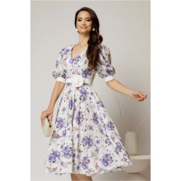 Rochie DY Fashion cu imprimeu floral lila si floare in talie