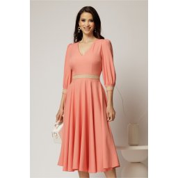 Rochie DY Fashion midi roz somon cu banda decorativa pe talie si mansete