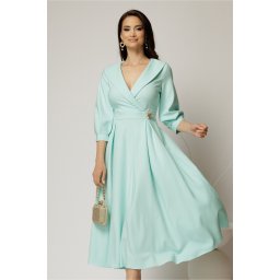 Rochie office de ocazie din stofa turcoaz cu bust petrecut si rever
