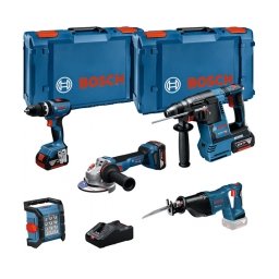 Bosch - GBH 18V-26 + GSA 18 V-LI + GLI 18V-1200 C + GSB 18V-65 + GWS 18V-11- Rotopercutor SDS-Plus, 2.6 J + Fierastrau sabie + Lampa + Masina de gaurit si insurubat cu percutie, 65 Nm + Polizor unghiular, 125 mm + Set 3 acumulatori si incarcator, Li-Ion,